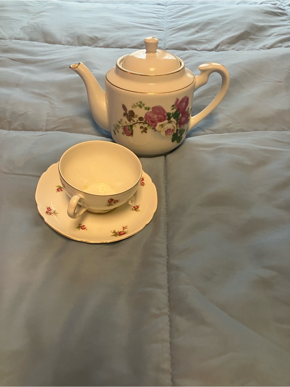 White Floral Teapot and Teacup Set with Small Saucer